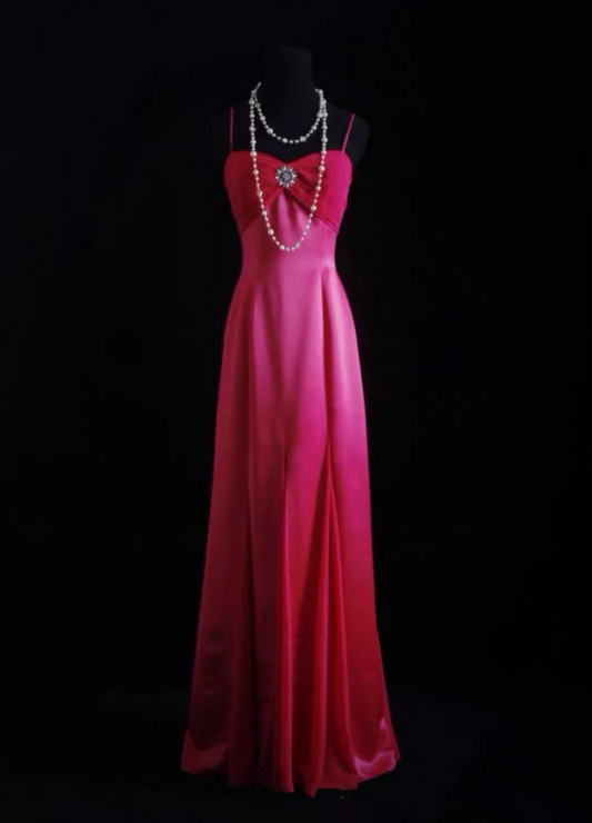 Vintage Spaghetti Strap Sheath Long Prom Dresses Satin Hot Pink Long Formal Dresses ED04671