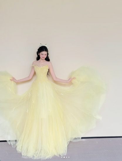 Fairy Strapless A-Line Long Prom Dresses Tulle Yellow Sweet 16 Dress ED04692