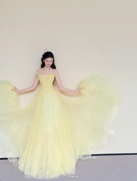 Fairy Strapless A-Line Long Prom Dresses Tulle Yellow Sweet 16 Dress ED04692