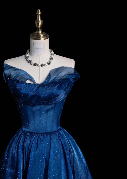 Fairy Strapless A-Line Long Prom Dresses Polka Dot Tulle Blue Birthday Dresses ED04695