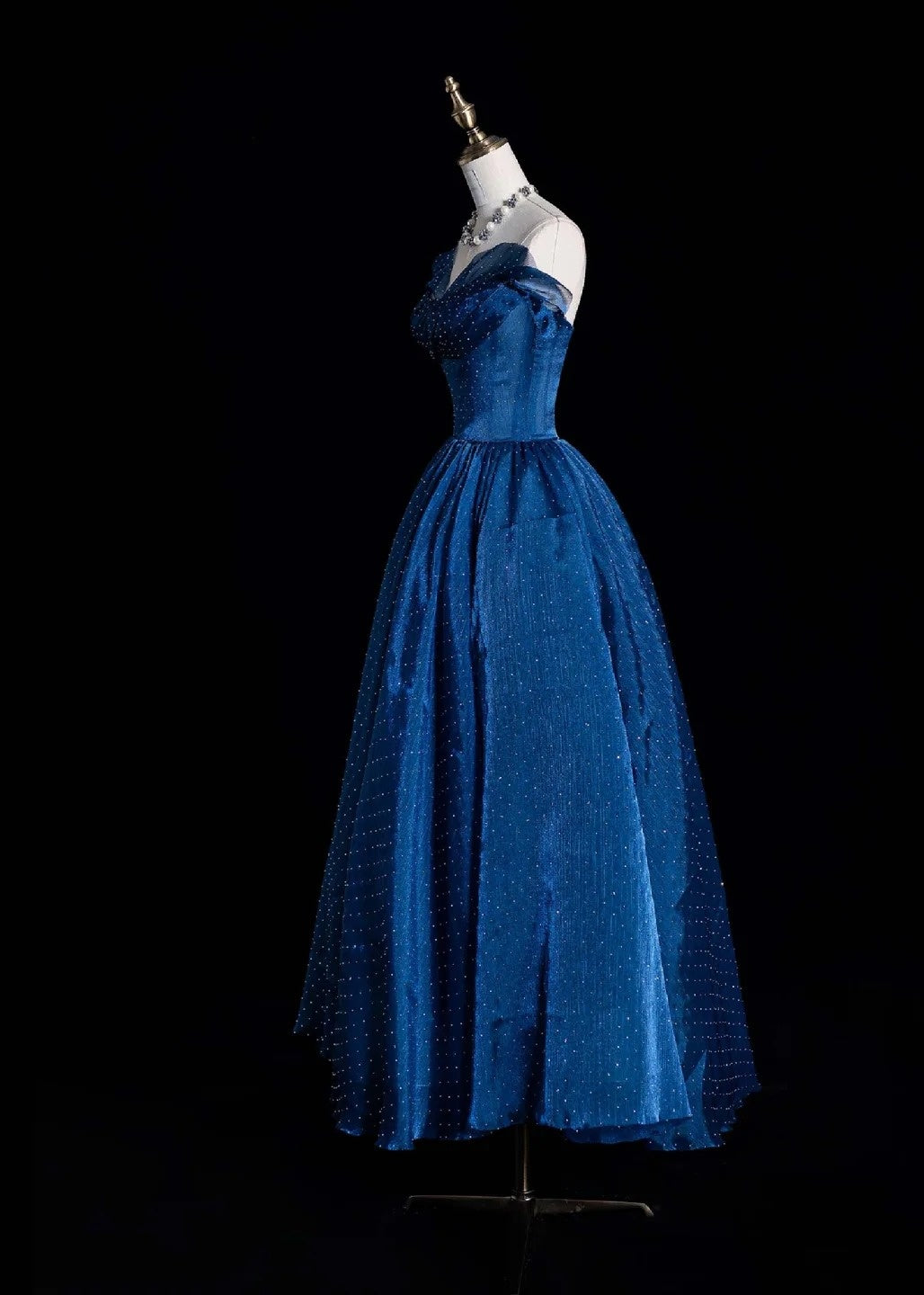 Fairy Strapless A-Line Long Prom Dresses Polka Dot Tulle Blue Birthday Dresses ED04695