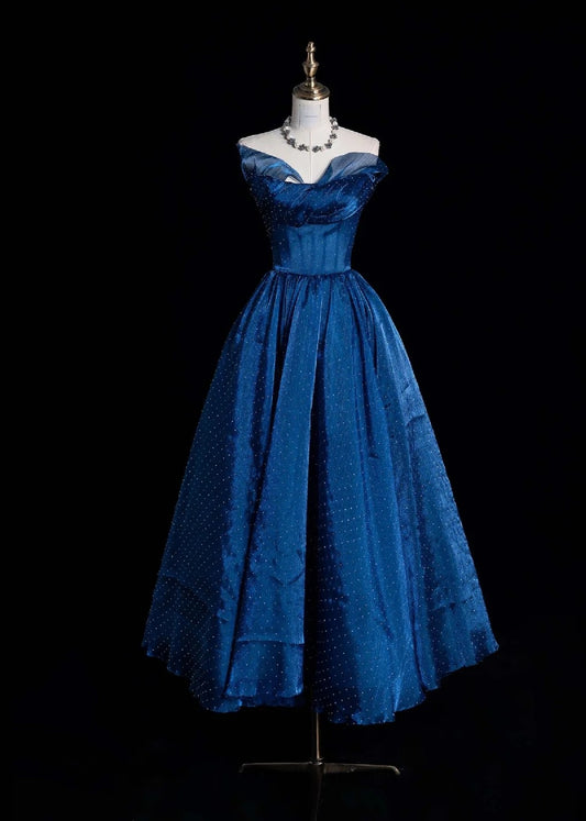Fairy Strapless A-Line Long Prom Dresses Polka Dot Tulle Blue Birthday Dresses ED04695