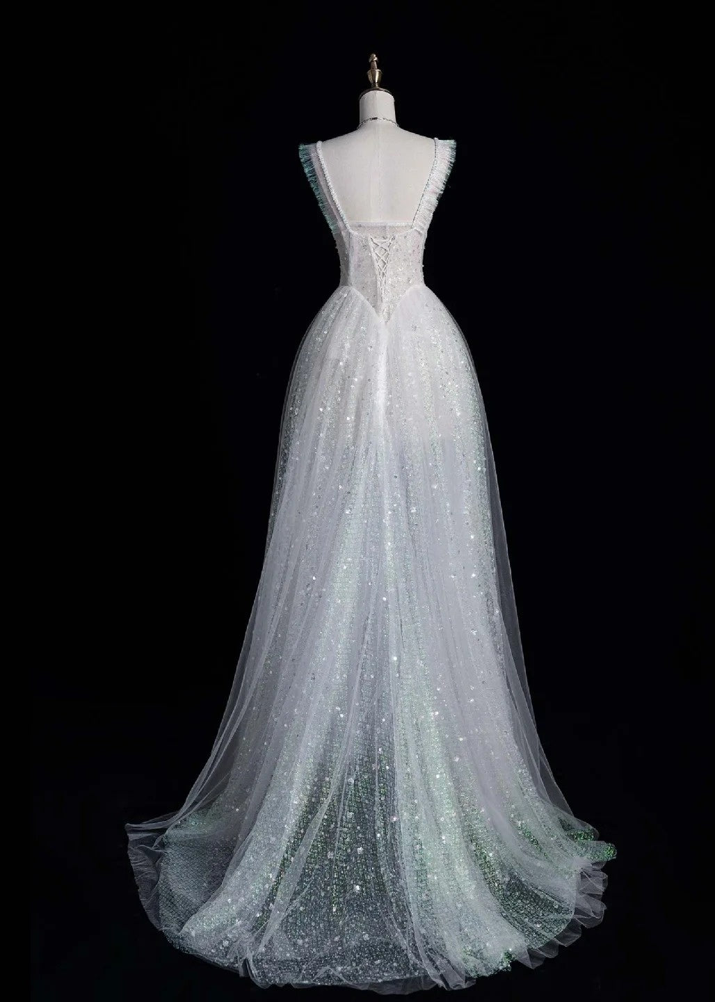 Fairy V-neck A-Line Long Prom Dresses Tulle Sequins White Birthday Dresses Sweet 16 Dress ED04696