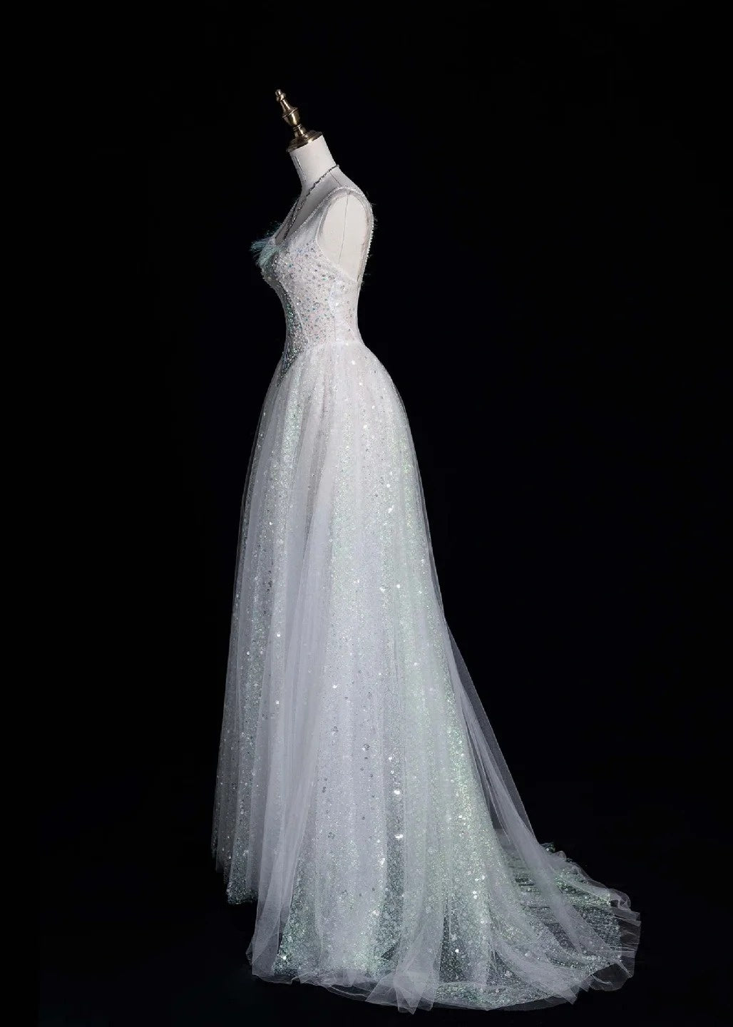 Fairy V-neck A-Line Long Prom Dresses Tulle Sequins White Birthday Dresses Sweet 16 Dress ED04696