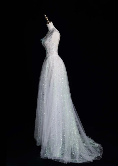 Fairy V-neck A-Line Long Prom Dresses Tulle Sequins White Birthday Dresses Sweet 16 Dress ED04696