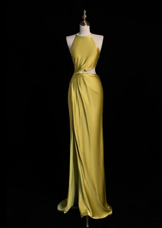 Simple Jewel Sheath Long Prom Dresses Satin Yellow Formal Dresses ED04699