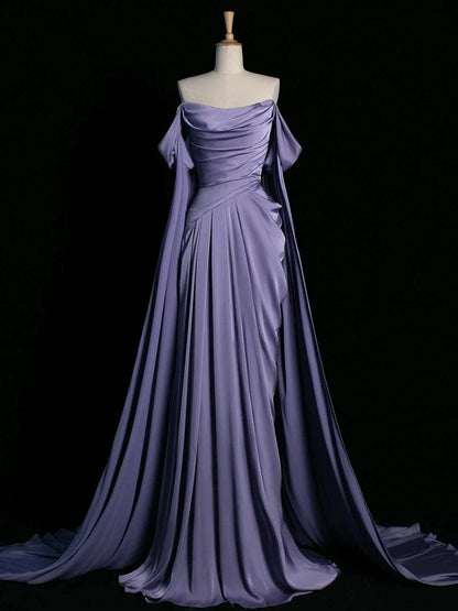 Royal Purple A-Line Off Shoulder Satin Long Prom Dress Formal Evening Dress Wedding Dress