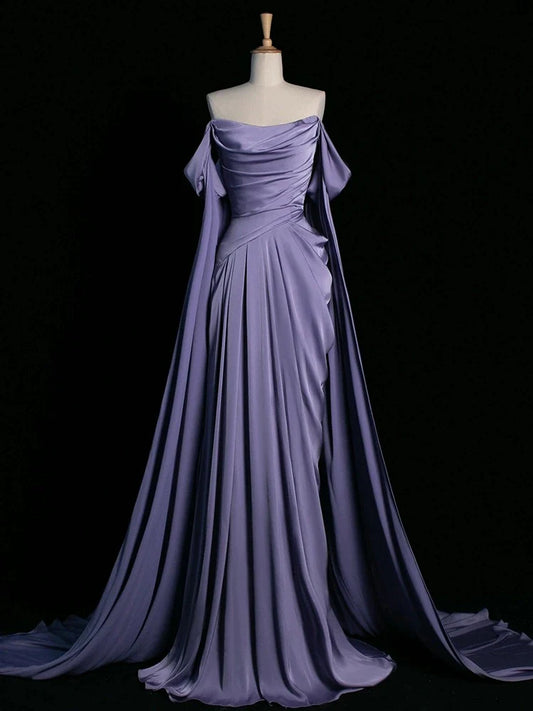 Royal Purple A-Line Off Shoulder Satin Long Prom Dress Formal Evening Dress Wedding Dress