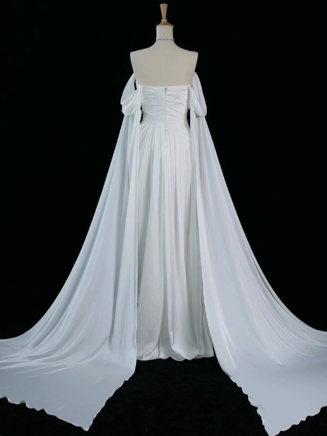 White  A-Line Off Shoulder Satin Long Prom Dress Formal Evening Dress Wedding Dress