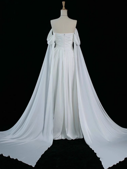 White  A-Line Off Shoulder Satin Long Prom Dress Formal Evening Dress Wedding Dress