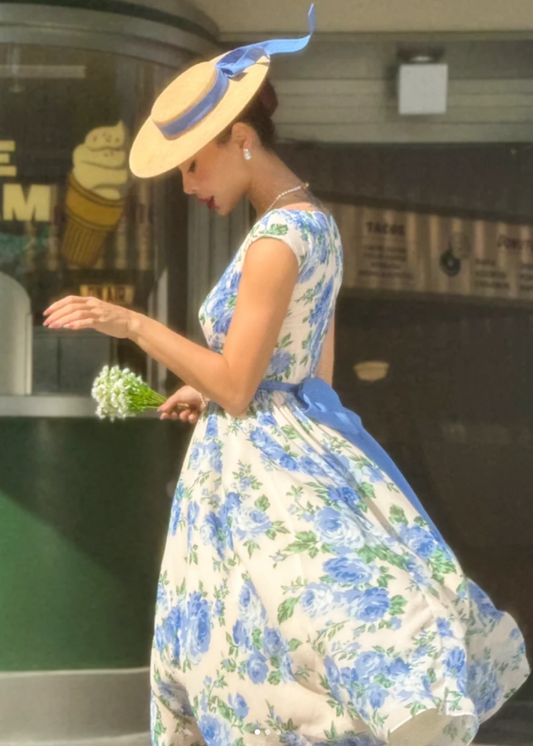 Vintage Jewel A-Line Chiffon Floral Short Prom Dresses Elegant Blue Birthday Dresses with Short Sleeves ED04701