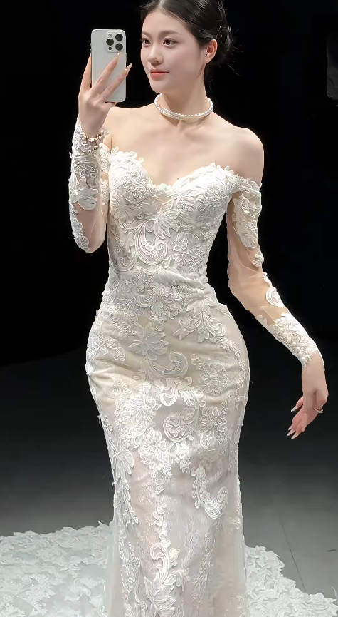 Timeless Off-the-shoulder Mermaid Train Wedding Dresses Lace Applique Bridal Gowns Long Sleeve White Bridal Dresses ED04705
