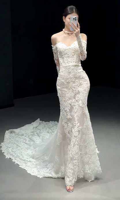 Timeless Off-the-shoulder Mermaid Train Wedding Dresses Lace Applique Bridal Gowns Long Sleeve White Bridal Dresses ED04705