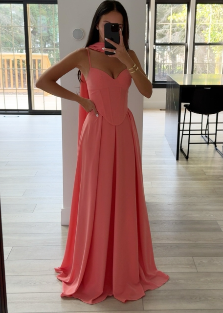 Chic Spaghetti Strap A-Line Long Prom Dresses, Chiffon Dark Peach Wedding Guest Dresses ED04709