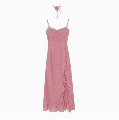 Maxikleid mit Rüschen und Schlitz im French-Rosen-Print, Strumpfhalter ED0471