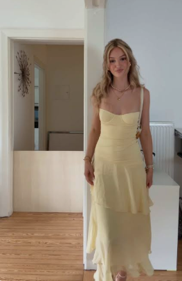 Chic Sheath Long Prom Dresses, Chiffon Butter Yellow Formal Dresses, Spaghetti Straps Birtdhay Dresses ED04710