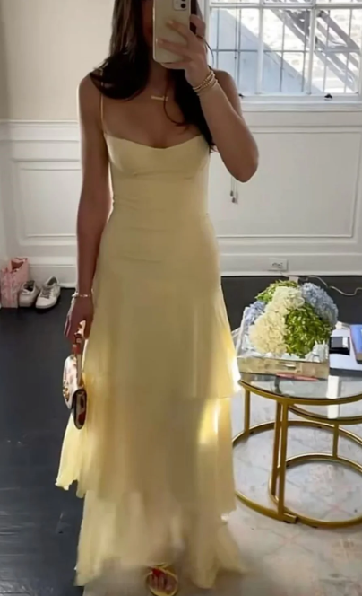 Chic Sheath Long Prom Dresses, Chiffon Butter Yellow Formal Dresses, Spaghetti Straps Birtdhay Dresses ED04710
