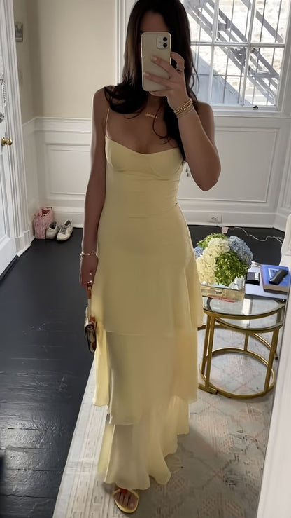 Chic Sheath Long Prom Dresses, Chiffon Butter Yellow Formal Dresses, Spaghetti Straps Birtdhay Dresses ED04710