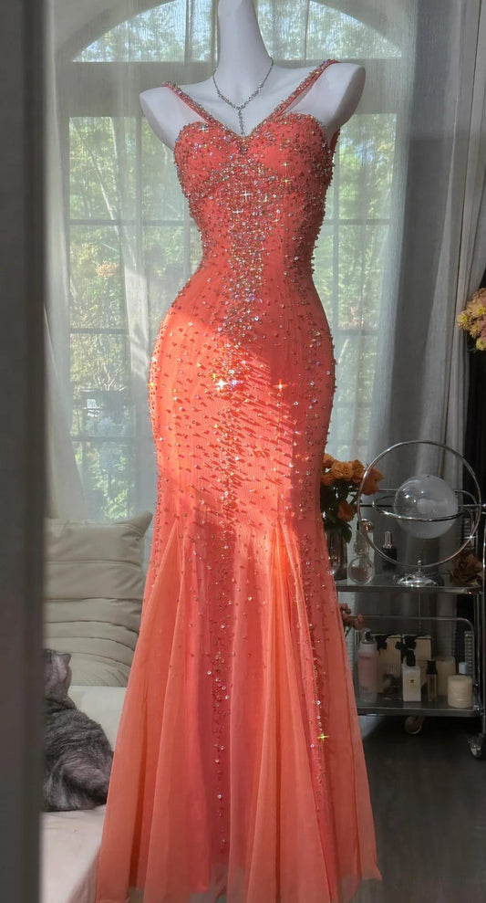 Vintage V-neck Mermaid Long Prom Dresses, Sparkly Chiffon Beaded Coral Formal Dresses ED04711