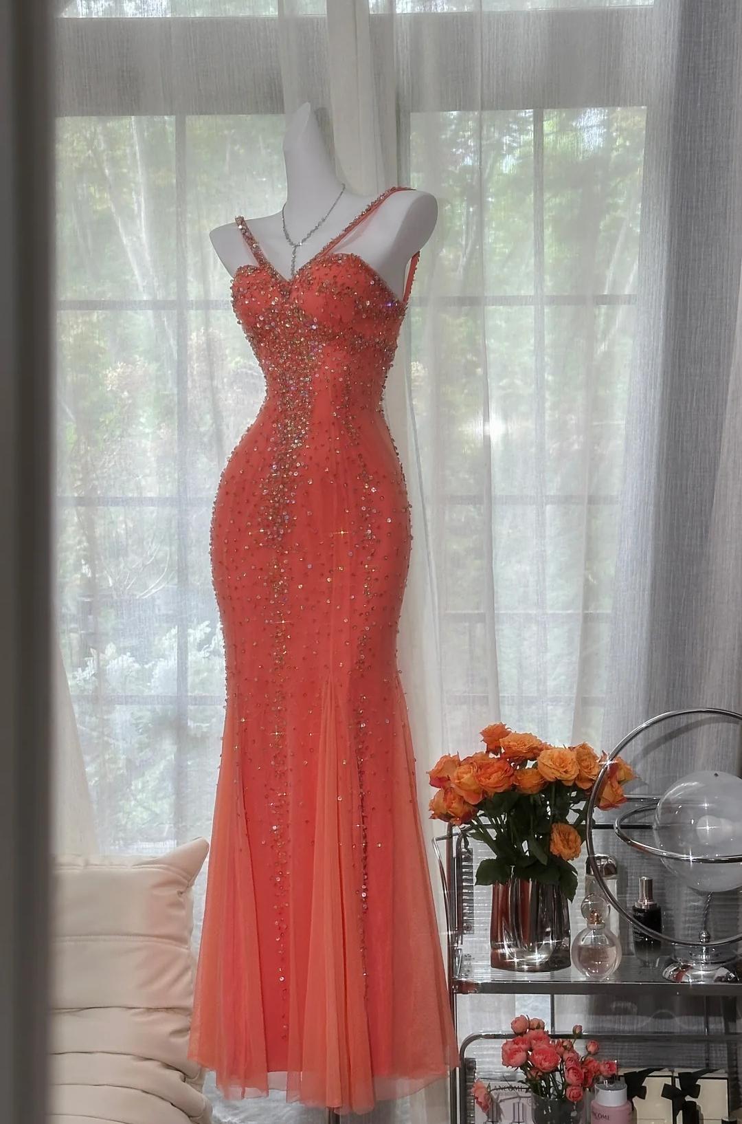 Vintage V-neck Mermaid Long Prom Dresses, Sparkly Chiffon Beaded Coral EvaFashionDress Vintage V-neck Mermaid Long Prom Dresses, Sparkly Chiffon Beaded Coral EvaFashionDress