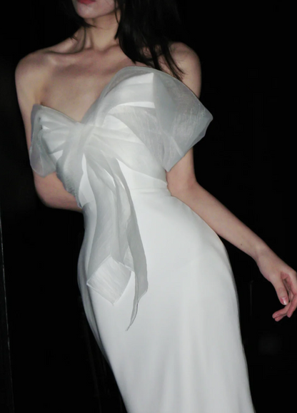 Simple Strapless Mermaid Long Wedding Dresses Chiffon Backless White Bridal Gowns ED04717