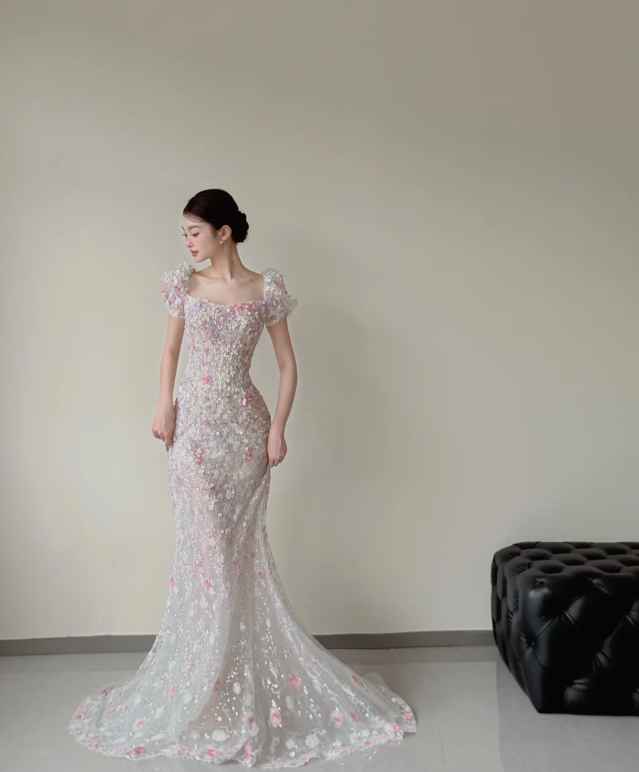 Gorgeous Square Neck Mermaid Long Wedding Dresses Applique Tulle Bridal Gowns Short Sleeve Bridal Dresses ED04718
