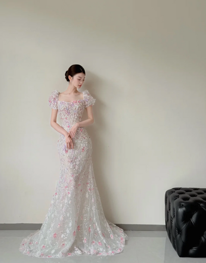 Gorgeous Square Neck Mermaid Long Wedding Dresses Applique Tulle Bridal Gowns Short Sleeve Bridal Dresses ED04718
