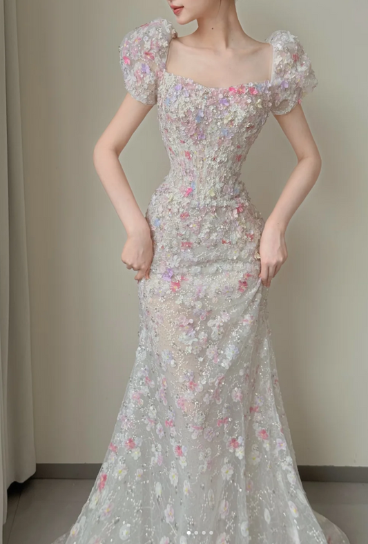 Gorgeous Square Neck Mermaid Long Wedding Dresses Applique Tulle Bridal Gowns Short Sleeve Bridal Dresses ED04718