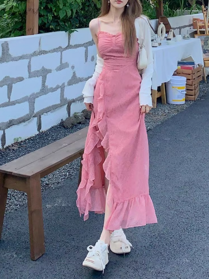 Maxikleid mit Rüschen und Schlitz im French-Rosen-Print, Strumpfhalter ED0471