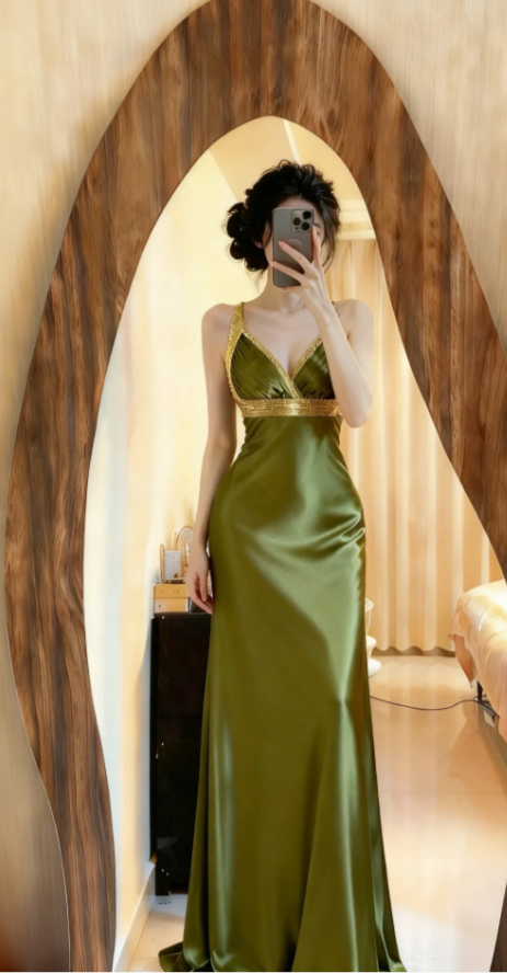 Chic V-neck Sheath Long Prom Dresses Silk Olive Green Evening Gowns with Open Back ED04720