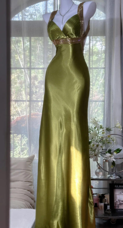 Chic V-neck Sheath Long Prom Dresses Silk Olive Green Evening Gowns with Open Back ED04720