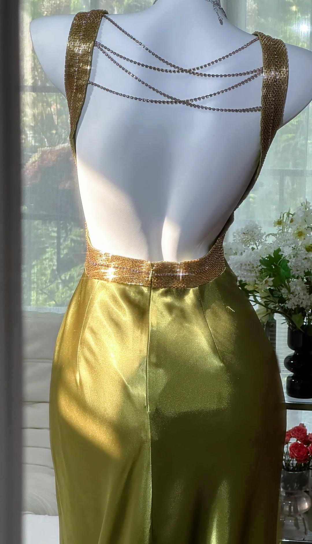 Chic V-neck Sheath Long Prom Dresses Silk Olive Green Evening Gowns with Open Back ED04720