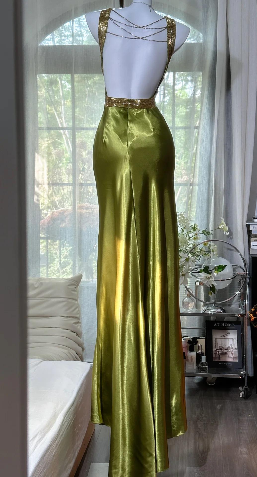 Chic V-neck Sheath Long Prom Dresses Silk Olive Green Evening Gowns with Open Back ED04720