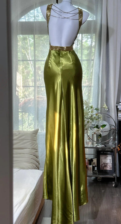 Chic V-neck Sheath Long Prom Dresses Silk Olive Green Evening Gowns with Open Back ED04720