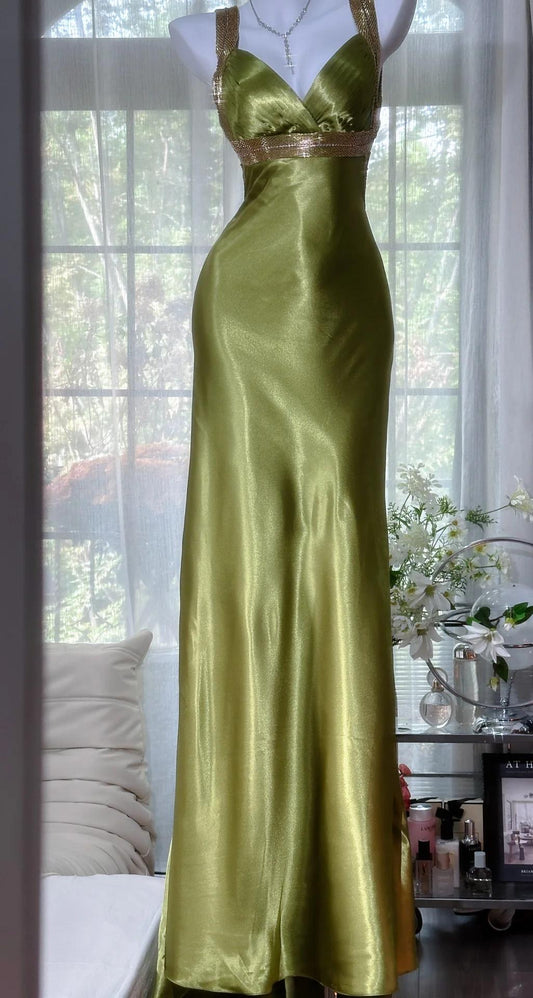 Chic V-neck Sheath Long Prom Dresses Silk Olive Green Evening Gowns with Open Back ED04720