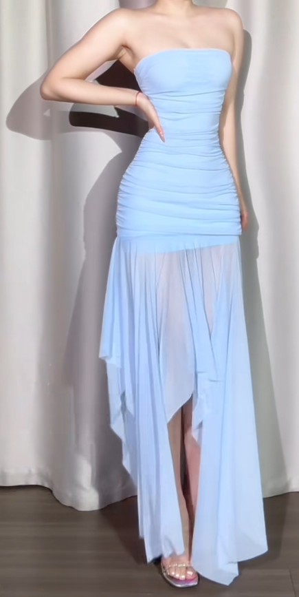 Sexy Strapless Bodycon Long Prom Dresses Chiffon Gray Blue Long Formal Dresses ED04741