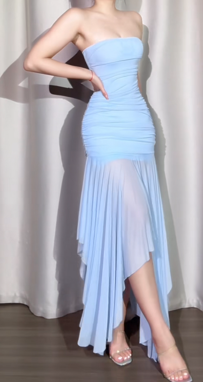Sexy Strapless Bodycon Long Prom Dresses Chiffon Gray Blue Long Formal Dresses ED04741