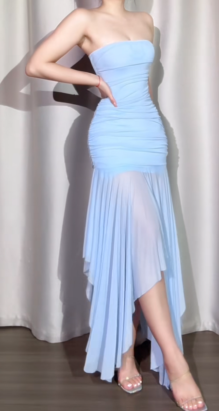 Sexy Strapless Bodycon Long Prom Dresses Chiffon Gray Blue Long Formal Dresses ED04741