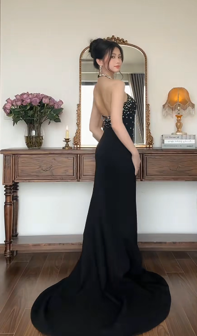 Elegant Halter Sheath Long Prom Dresses Satin New Year's Eve Dress Black Formal Dresses ED04748