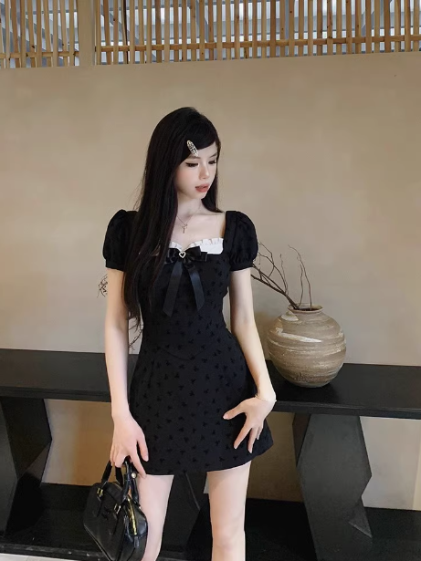 Schwarzes Kleid mit französischer A-Linie und Schleifenstickerei ED0474