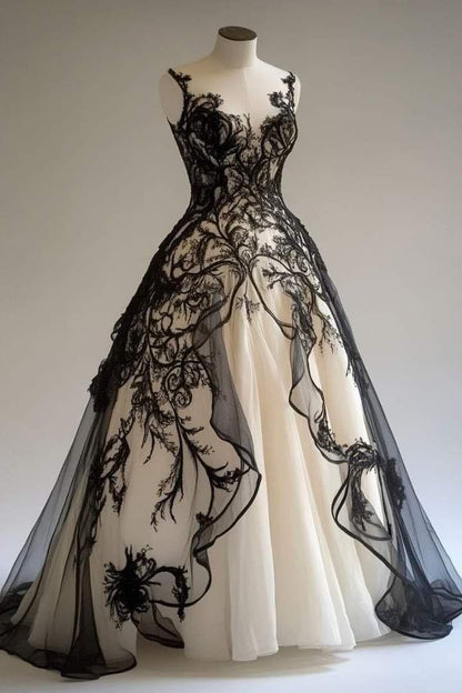 Glam V-neck Ball Gown Tulle Long Prom Dresses Black Lace Quinceanera Dresses Sweet 16 Dress ED04754