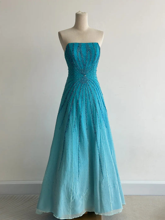 Robes d'anniversaire élégantes bleu dégradé, col en V, paillettes, mousseline, fourreau, robes de bal, robes de soirée ED04456