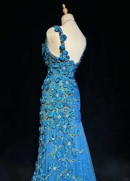 Gorgeous Asymmetric Neck Mermaid Long Prom Dresses Vintage Tulle Sequin Blue Evening Dress Applique Sweet 16 Dress ED04758