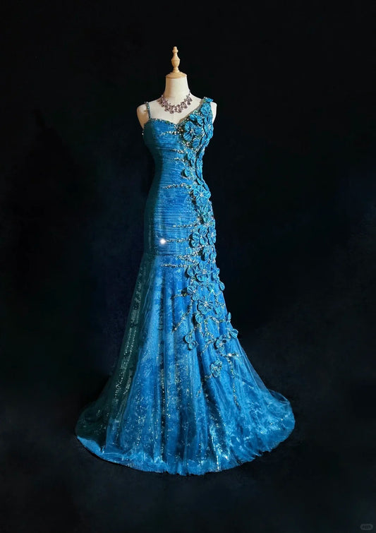 Gorgeous Asymmetric Neck Mermaid Long Prom Dresses Vintage Tulle Sequin Blue Evening Dress Applique Sweet 16 Dress ED04758