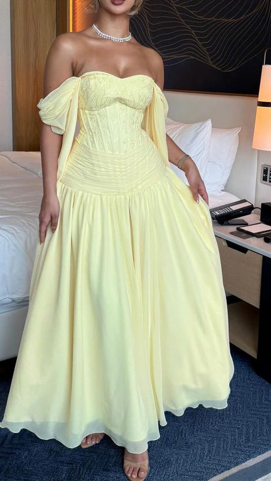 Elegant A-Line Butter Yellow Formal Dresses Chiffon Off-the-shoulder Wedding Guest Dresses Cute Birthday Dresses ED04759