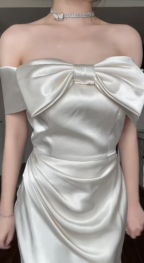 Elegant Sheath White Formal Dresses Satin Off-the-shoulder Wedding Guest Dresses Cute Birthday Dresses ED04760