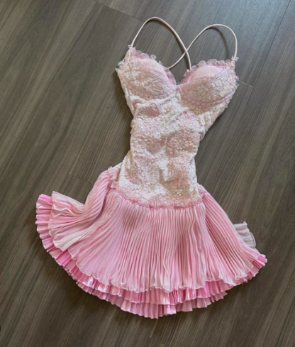 Sweet Pink Spaghetti Strap Chiffon Party Dresses Lace Applique Short Prom Dresses Homecoming Dress  ED04761
