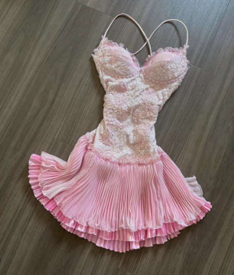 Sweet Pink Spaghetti Strap Chiffon Party Dresses Lace Applique Short Prom Dresses Homecoming Dress  ED04761