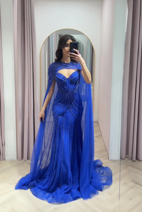 Robes d'anniversaire élégantes bleu dégradé, col en V, paillettes, mousseline, fourreau, robes de bal, robes de soirée ED04456