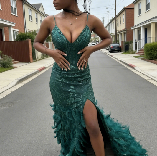 Chic Spaghetti Strap Sheath Long Prom Dresses Feather Applique Green Evening Dresses with Slits ED04771